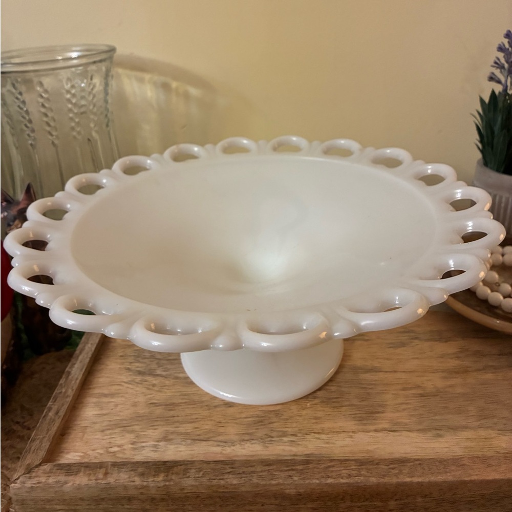 Vintage Anchor Hocking Old Colony Milk Glass Large Pedestal Bowl with Lace Edge
